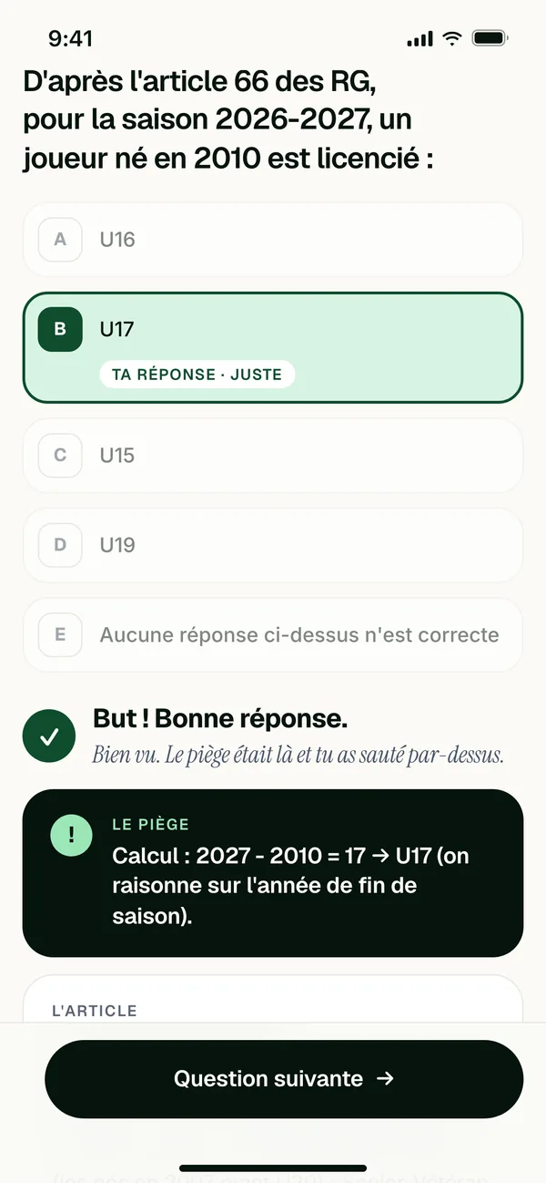 L'app Sport License Academy : une question corrigée, avec le piège et l'article officiel
