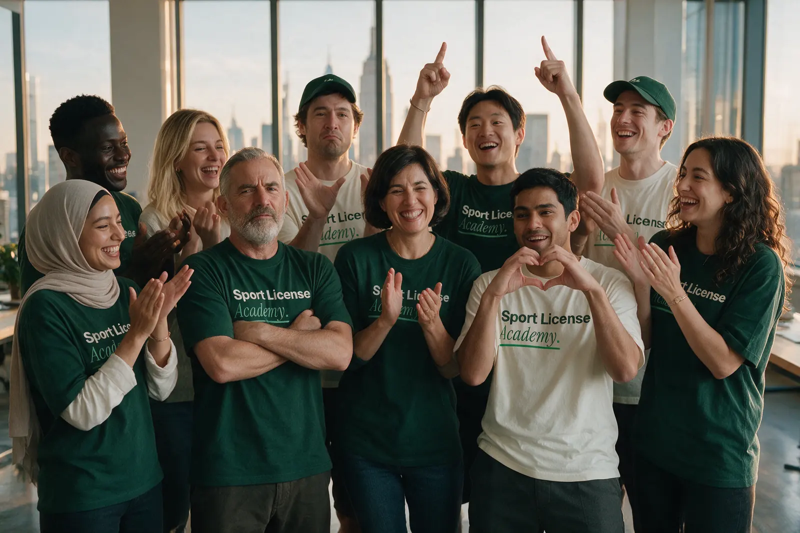 Une équipe souriante en t-shirts Sport License Academy, dans un bureau avec vue sur la ville